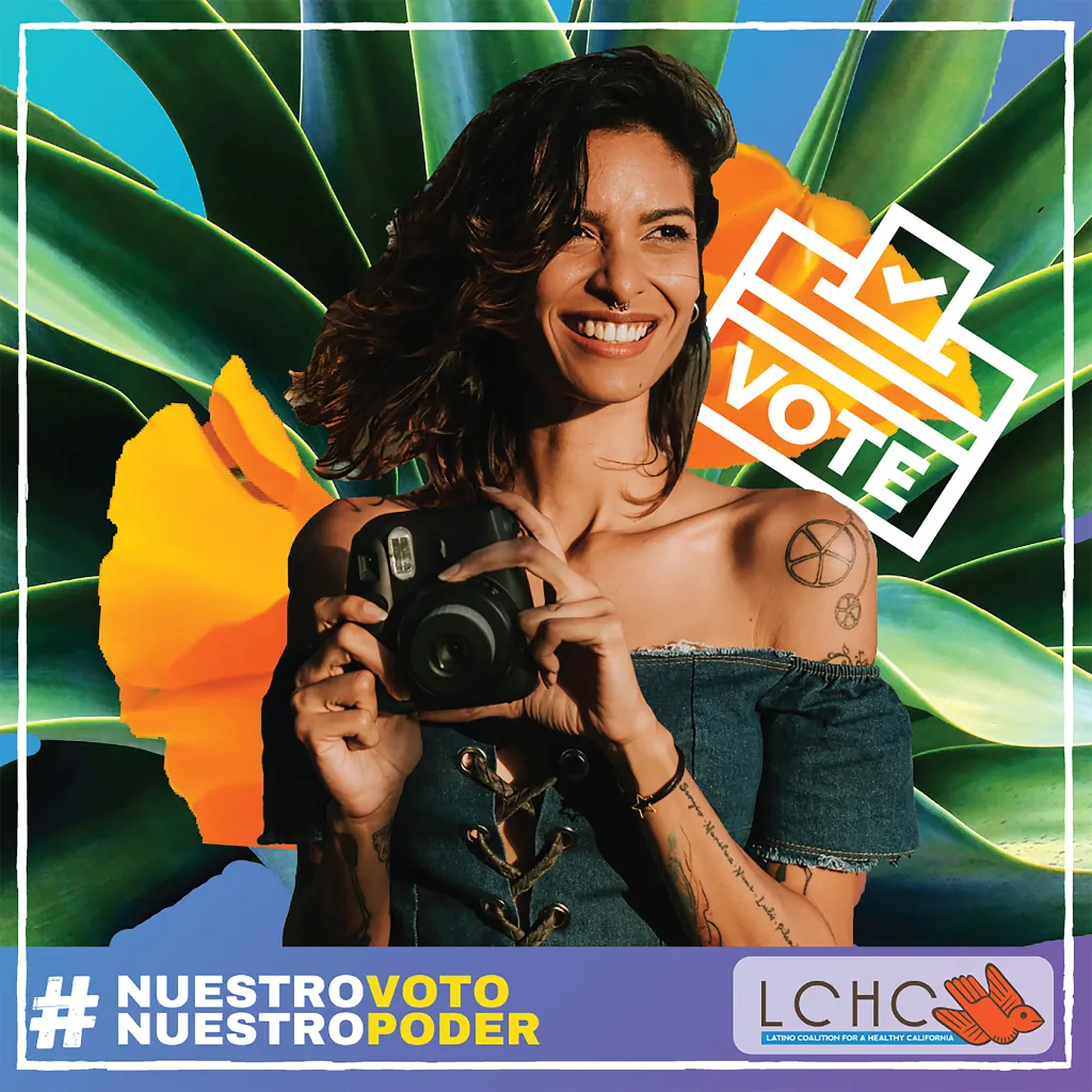 Woman with Camera on a flower backdrop with VOTE 