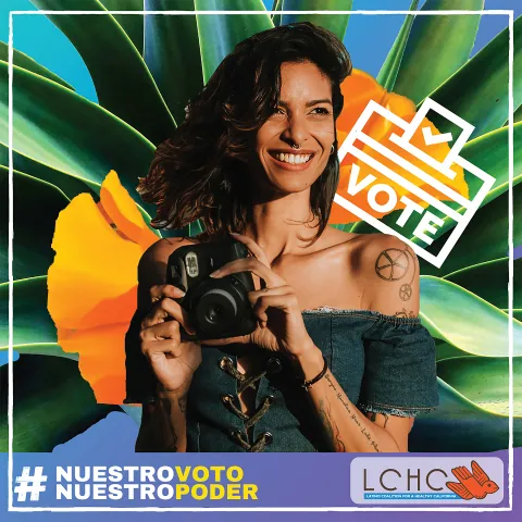 Woman with Camera in front of flower background with vote
