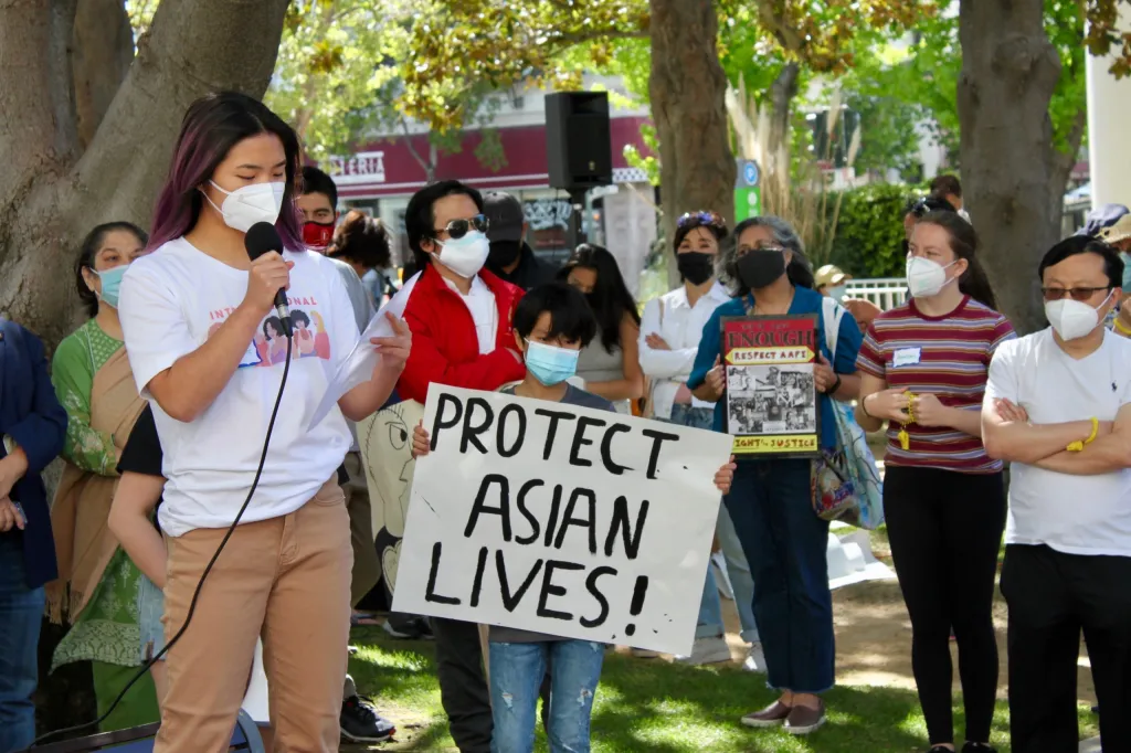 A group of demonstrators rallying in support of protecting Asian American lives