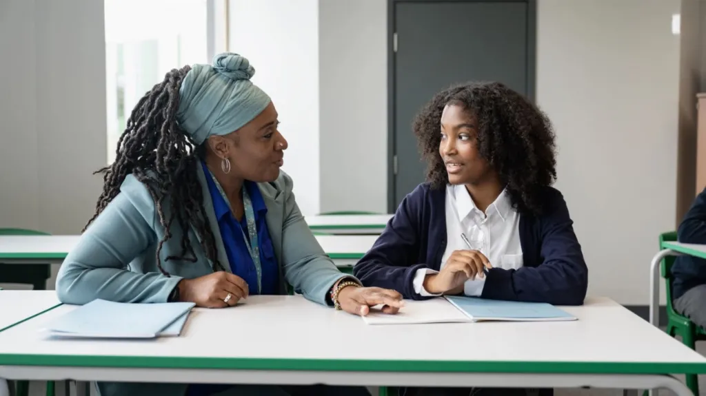 Student conversing with her high school counselor
