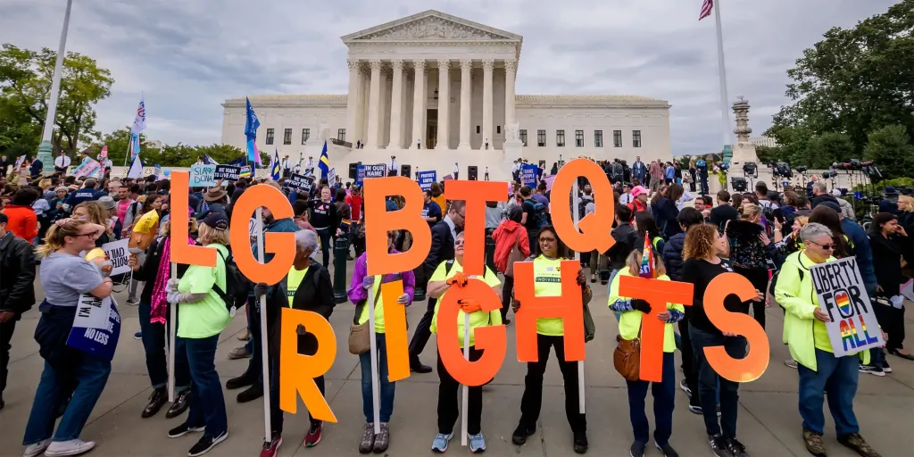 Protesters holding a banner outside the Supreme Court in 2019