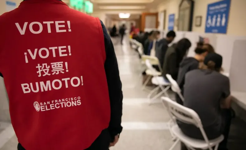 A poll worker standing behind a group of voters filling out their ballots