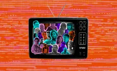 Collage of diverse people in bright colors displayed inside an old-fashioned television set on an orange patterned background.