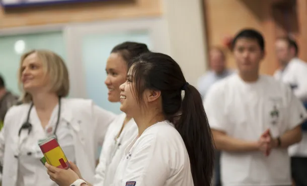 Nurses take a break from treating patients at the hospital