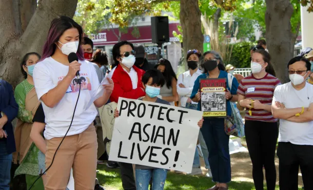 A group of demonstrators rallying in support of protecting Asian American lives