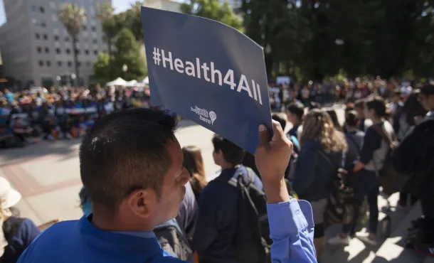 Closeup of a demonstrator during a Health4All rally