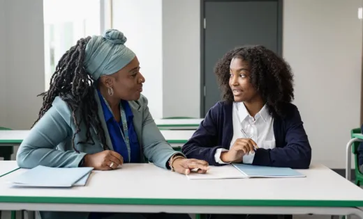 Student conversing with her high school counselor